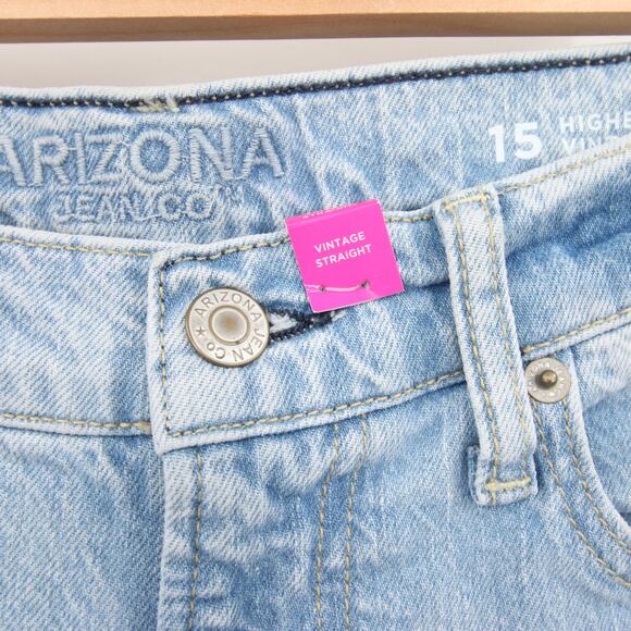 Arizona Jeans Light Wash Blue Distressed Raw Hem High Rise Vintage Straight 15 - Picture 7 of 14